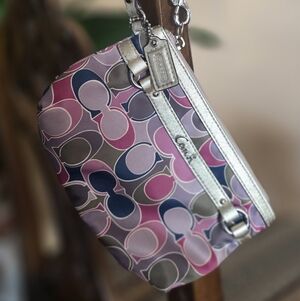 Like New Coach Signature Print Wristlet – Pink Purple Multi Metallic Trim